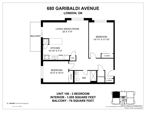 A floor plan for a 2 bedroom apartment at 680 Garibaldi Avenue, London, ON.